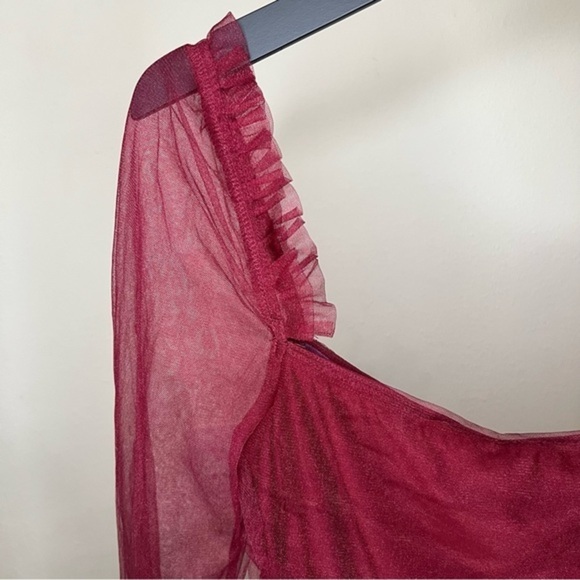 Lulus Burgundy Tulle Ruched Long Sleeve Bodice Bodysuit Size XS Party Night out - Picture 5 of 9